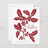 手作業で作成されたリノカットのホリーアートワークのクリスマス ポストカード (正面/裏面)