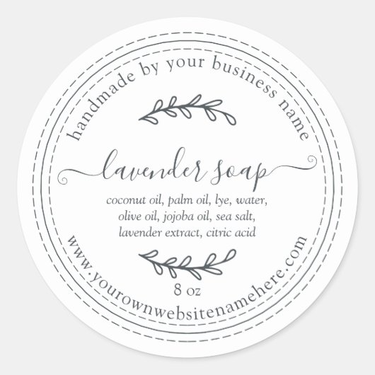 手作素朴りラベンダー石鹸白黒 ラウンドシール (正面)