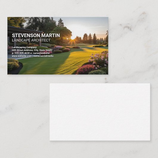 手入れの行き届いた芝生 | 花壇 | 造園 名刺 (正面/裏面)