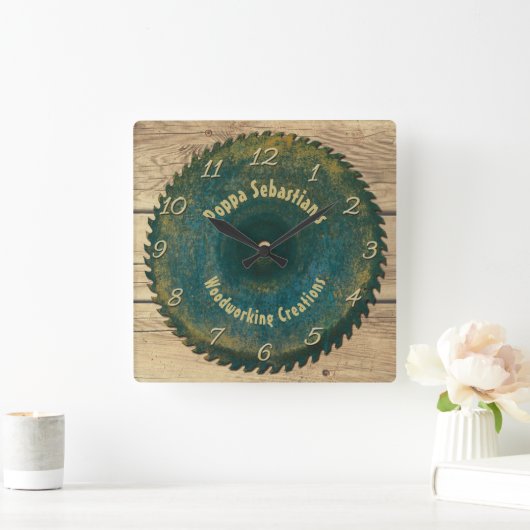 手利パーソナライズされたき木工素朴鋸刃 スクエア壁時計 (ホーム)