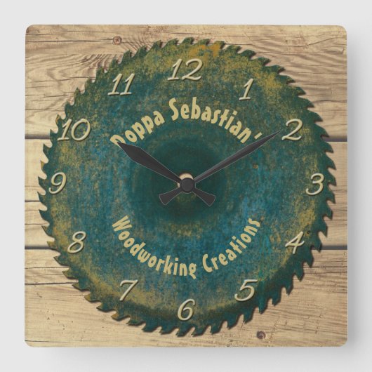 手利パーソナライズされたき木工素朴鋸刃 スクエア壁時計 (正面)