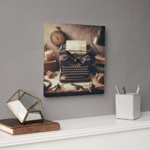 手動ヴィンテージアンティークタイプライターブラウンセピア スクエア壁時計