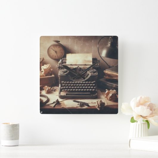 手動ヴィンテージアンティークタイプライターブラウンセピア スクエア壁時計 (ホーム)