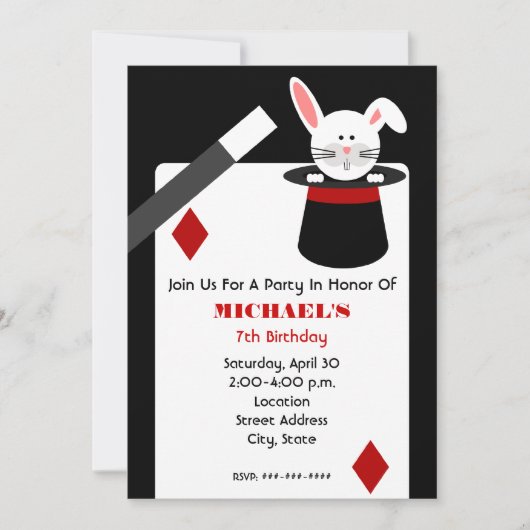 手品師の誕生日-帽子及び遊ぶカードのウサギ 招待状 (正面)