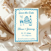 手図解入りの、写真付きのフランスのヴィンテージ結婚ブルー セーブザデート