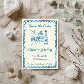 手図解入りの、写真付きのフランスのヴィンテージ結婚ブルー セーブザデート