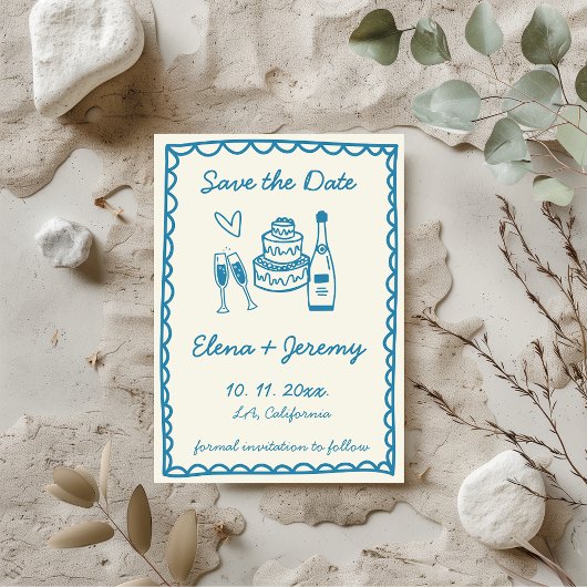 手図解入りの、写真付きのフランスのヴィンテージ結婚ブルー セーブザデート