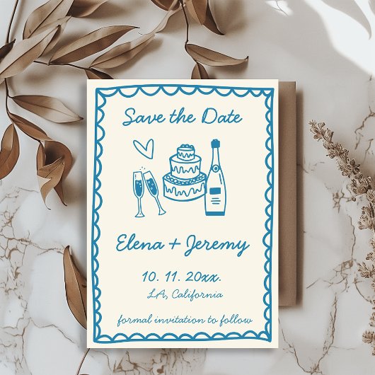 手図解入りの、写真付きのフランスのヴィンテージ結婚ブルー セーブザデート