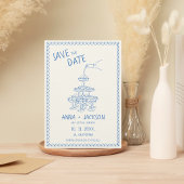 手図解入りの、写真付きのフランスのヴィンテージ結婚ブルー セーブザデート