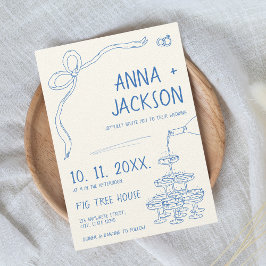 手図解入りの、写真付きのフランスのヴィンテージ結婚ブルー 招待状