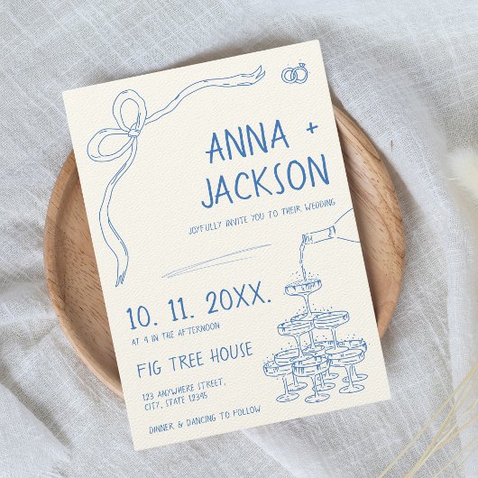 手図解入りの、写真付きのフランスのヴィンテージ結婚ブルー 招待状