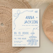 手図解入りの、写真付きのフランスのヴィンテージ結婚ブルー 招待状