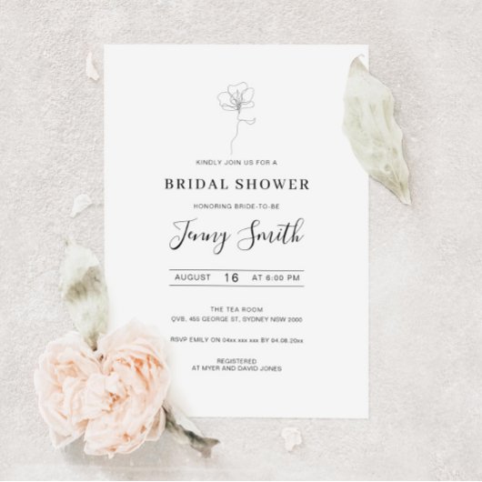 手図解入りの、写真付きの引き花ブライダルシャワー 招待状