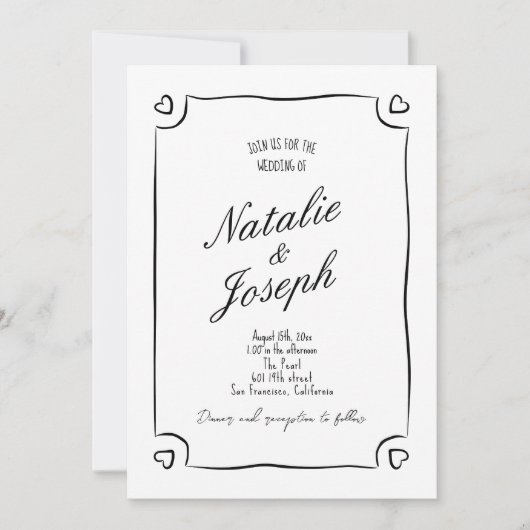 手図解入りの、写真付きの描きお洒落写真結婚の 招待状 (正面)