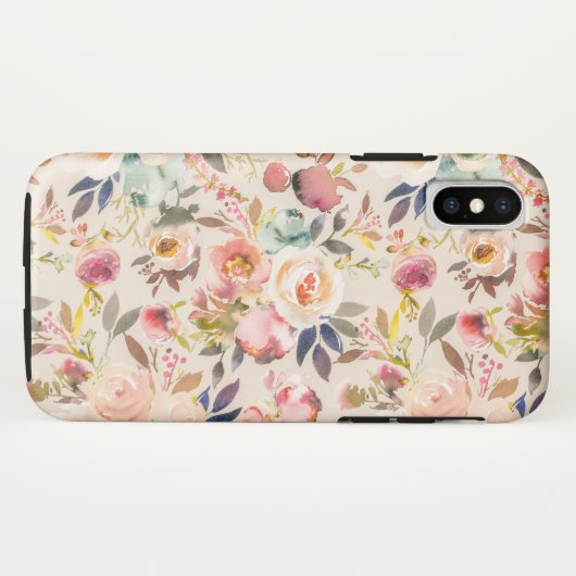 手塗りのアイボリーのピンクの茶色の水彩画の花 Case-Mate iPhoneケース (裏面(横))