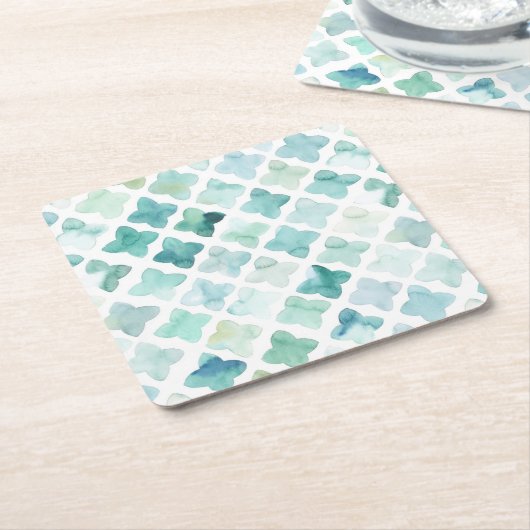 手塗りのターコイズパターン スクエアペーパーコースター (アングル)