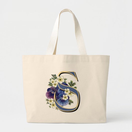 手塗りのパンジーのイニシャルのモノグラム- S ラージトートバッグ (正面)