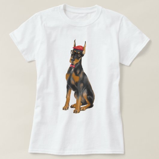 手塗りの情報通の(犬)ドーベルマン・ピンシェル犬 Tシャツ (デザイン正面)