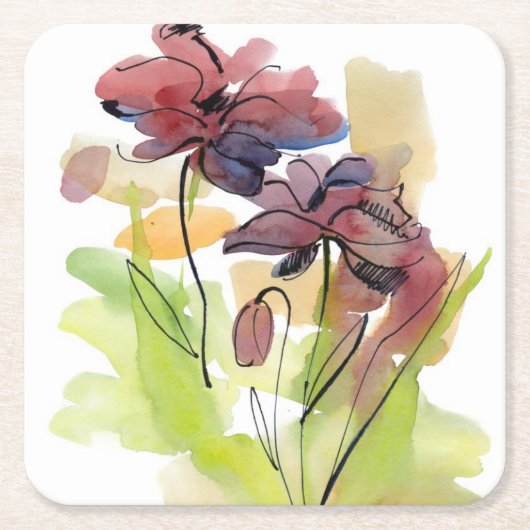 手塗りの抽象芸術2の花の夏のデザイン スクエアペーパーコースター (正面)