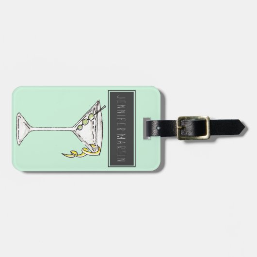 手塗りの水彩画のオリーブ色のマルティーニのカクテル ラゲッジタグ (正面横)