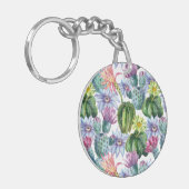 手塗りの水彩画のサボテンパターン キーホルダー (正面左)