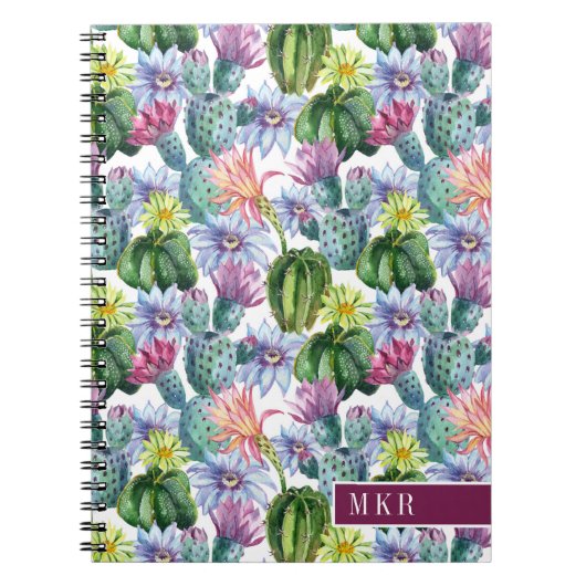 手塗りの水彩画のサボテンパターン ノートブック (正面)