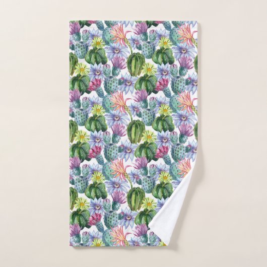手塗りの水彩画のサボテンパターン バスタオルセット (ハンドタオル)