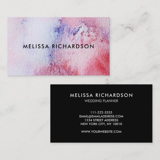 手塗りの水彩画の青いピンクのはねのしぶき 名刺 (正面/裏面)