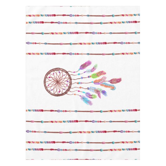 手塗りの水彩画Dreamcatcherは羽に玉を付けます テーブルクロス (正面)