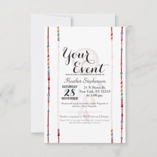 手塗りの水彩画Dreamcatcherは羽に玉を付けます 招待状 (正面)