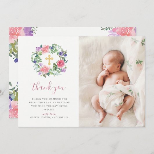 手塗りの花の水彩画|の写真の洗礼 サンキューカード (正面/裏面)