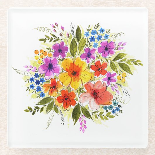 手塗りの花、明るい水彩画の花束 ガラスコースター (正面)