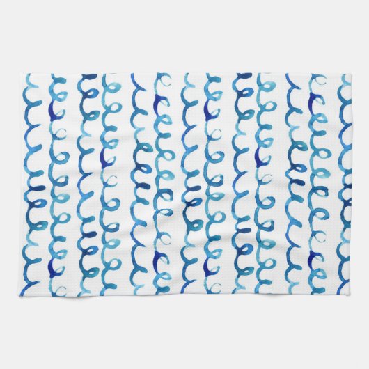 手塗りの青い水彩画の波状パターン キッチンタオル (横)