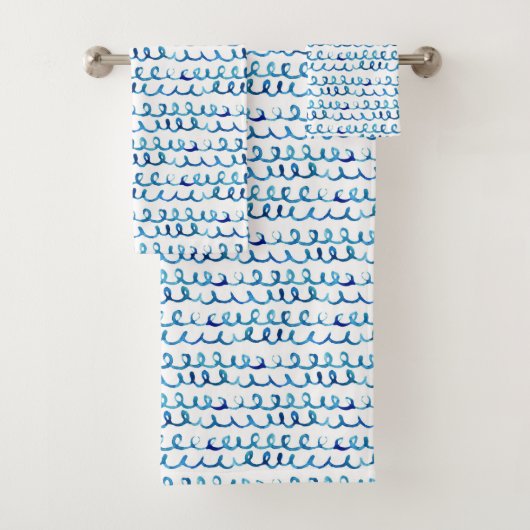 手塗りの青い水彩画の波状パターン バスタオルセット (インサイチュ)
