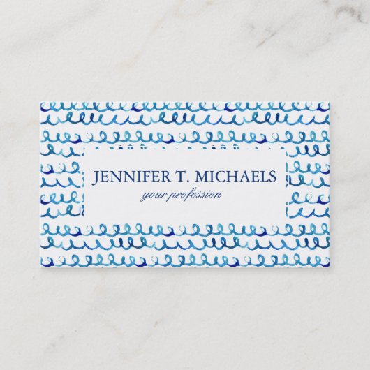 手塗りの青い水彩画の波状パターン 名刺 (正面)