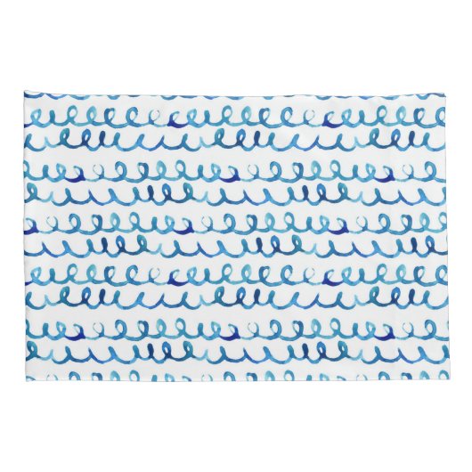 手塗りの青い水彩画の波状パターン 枕カバー (裏面-右)