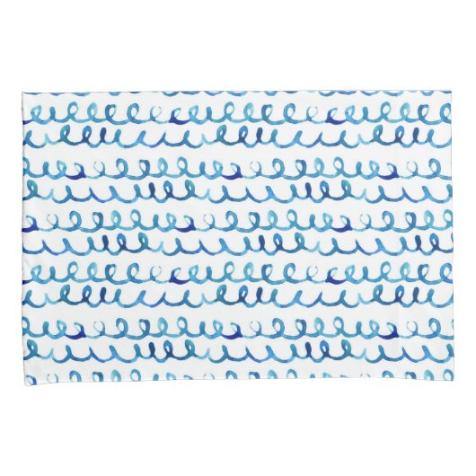 手塗りの青い水彩画の波状パターン 枕カバー (正面右)