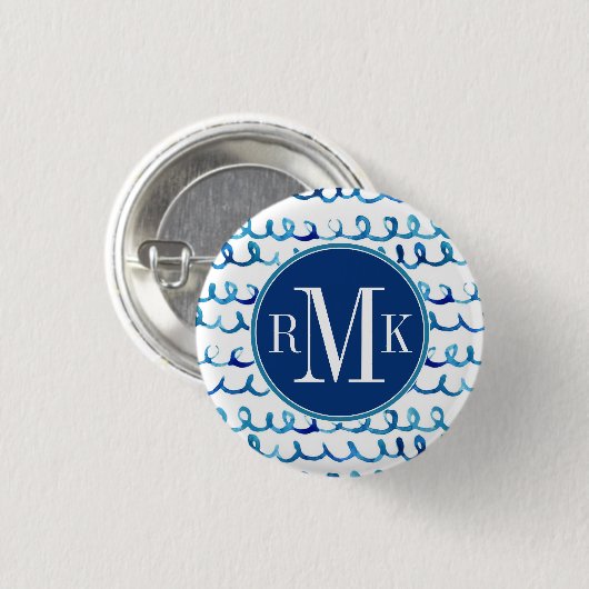 手塗りの青い水彩画の波状パターン 缶バッジ (正面&裏面)