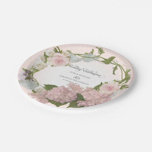 手塗り原稿のかわいらしいアジサイの花のリース ペーパープレート (アングル)