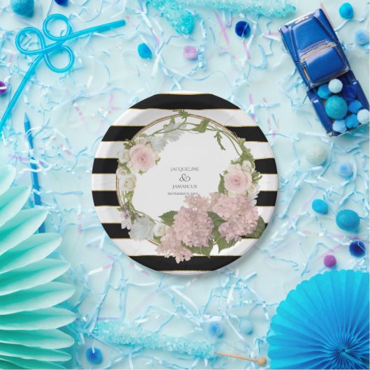 手塗り広くストライプのなアジサイの花のリース ペーパープレート (パーティー)