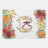 手塗り水彩画のモノグラムの花のバラのリース キッチンタオル (横)