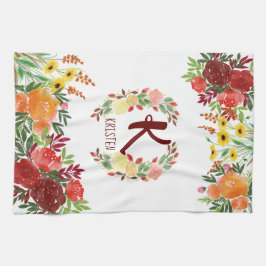 手塗り水彩画のモノグラムの花のバラのリース キッチンタオル