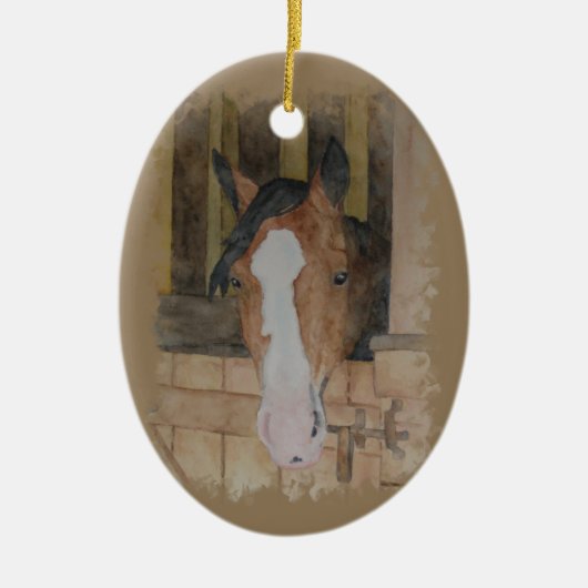 手塗り湾のクォーター馬のロバの納屋場面 セラミックオーナメント (正面)