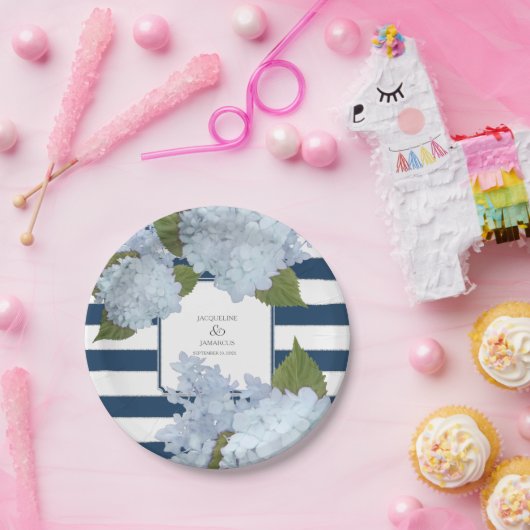 手塗り青くストライプのなアジサイの花のリース ペーパープレート (パーティー)