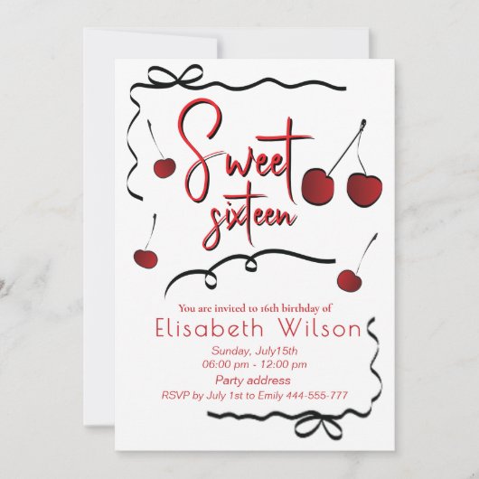 手引き弓whimsyよくはしゃぐさくらんぼsweet 16 招待状 (正面)