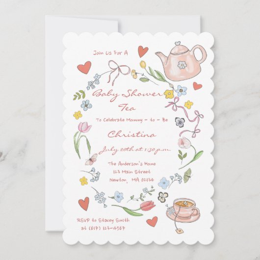 手引き赤お洒落ちゃんシャワー茶パーティー 招待状 (正面)