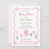 手引き赤お洒落ちゃんシャワー 招待状 (正面)