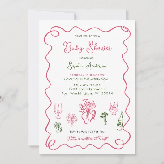 手引き赤お洒落ちゃんシャワー 招待状 (正面)