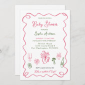 手引き赤お洒落ちゃんシャワー 招待状 (正面/裏面)