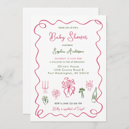 手引き赤お洒落ちゃんシャワー 招待状 (正面/裏面)